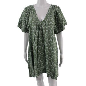 LIDO Womens Kaftan Trapeze Swing Dress Green Floral Cotton V-Neck Size One Size